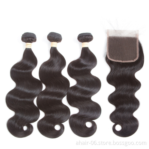 3 Pieces Hair Bundles With One Piece 4*4 Lace Closure No Tangle No Shed Very Soft , Natural Color 100% Brazilian Human Hair